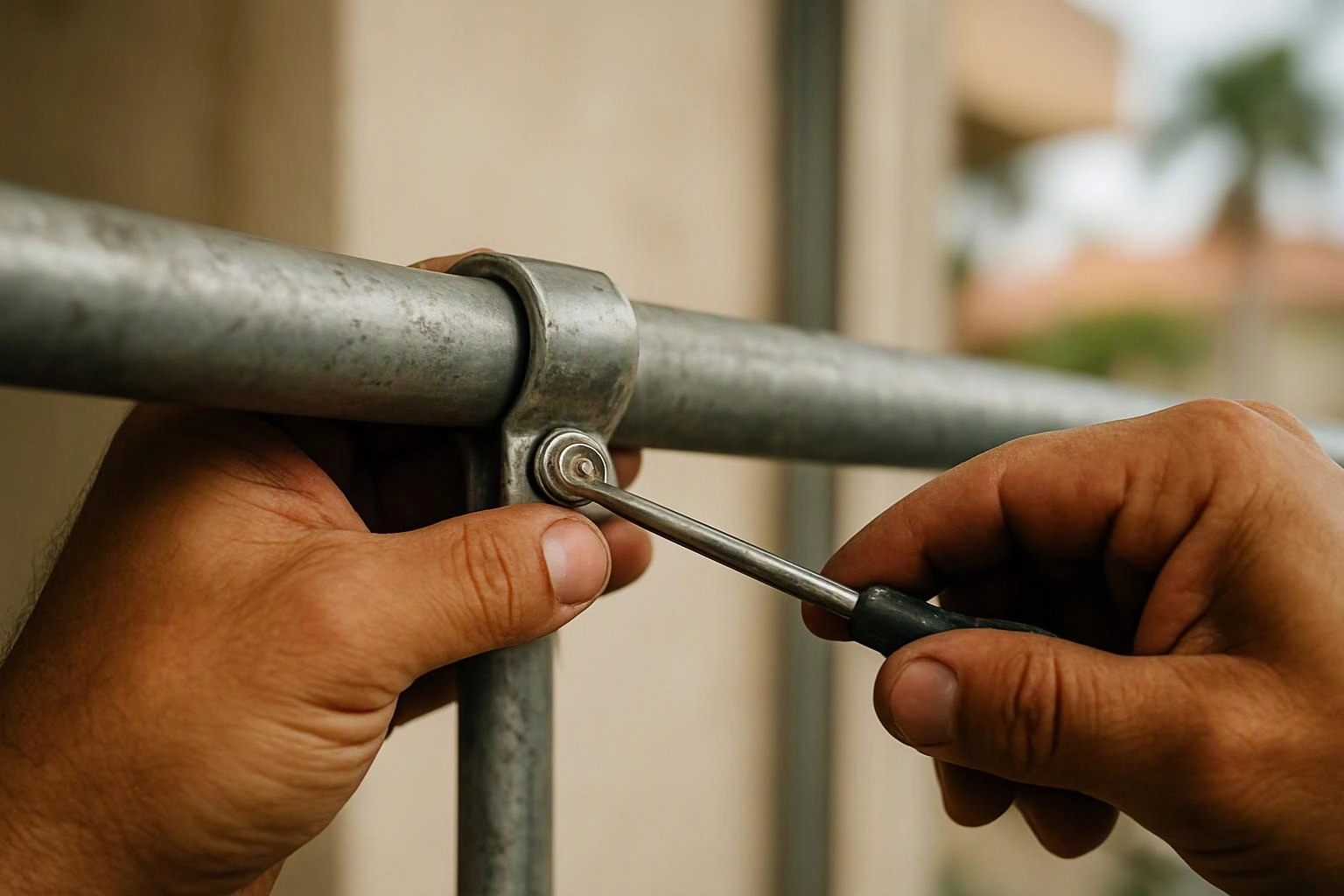 Close-up of hands tightening a metal bracket on a railing with a screwdriver