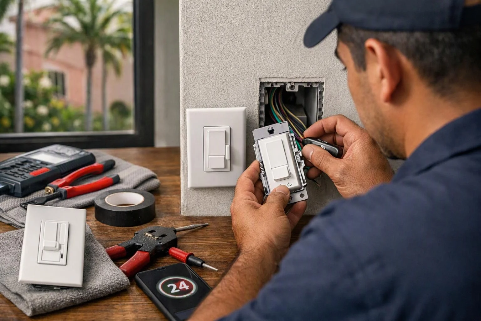 A technician installs a wall light switch beside exposed wires, with tools spread across a wooden table