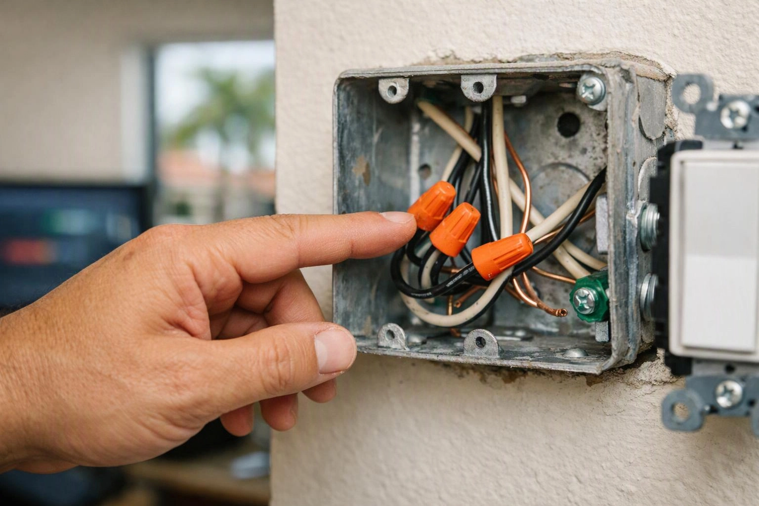 A hand points at orange wire connectors inside an open electrical box on a wall