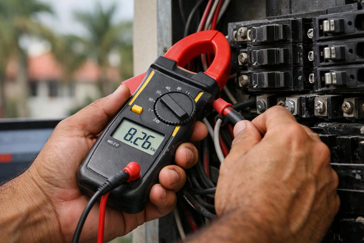 Hands test an electrical panel with a clamp meter and red probe outdoors