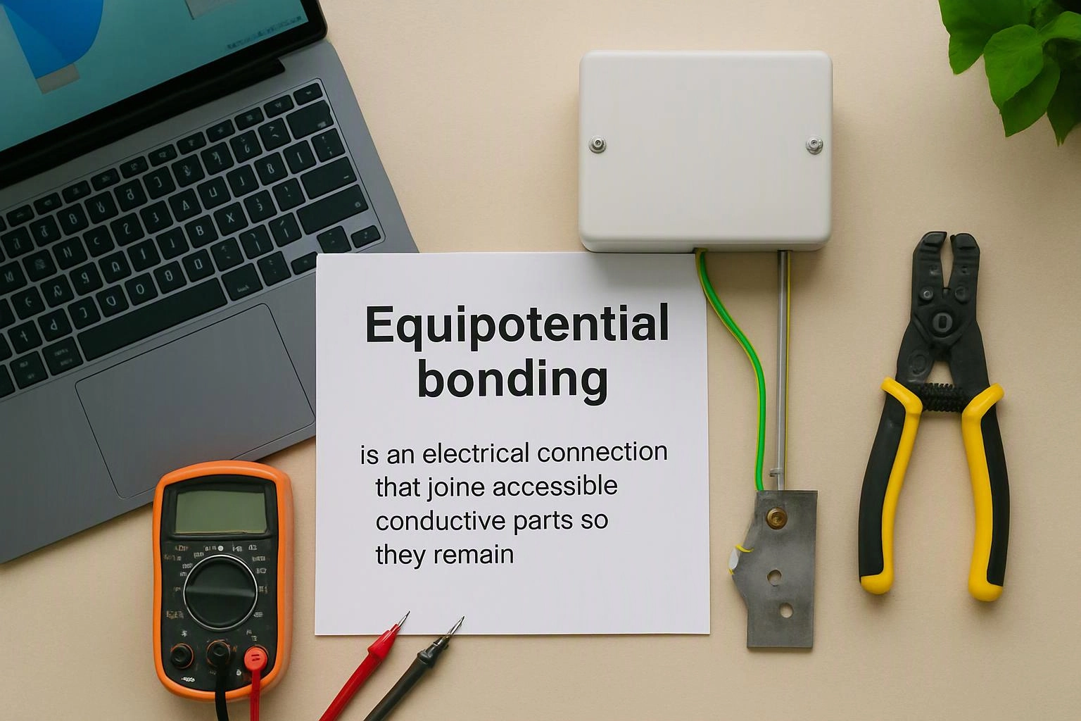 A laptop, multimeter, wire cutters, and a wiring diagram sit around an electrical bonding setup on a beige surface