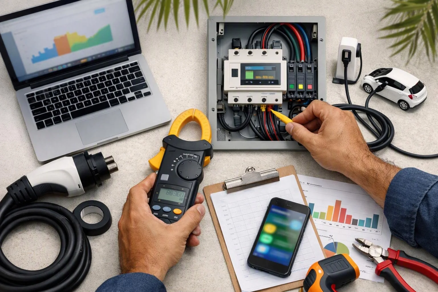 Hands wire test an electrical control box beside a laptop, charger cable, car model, and measurement tools