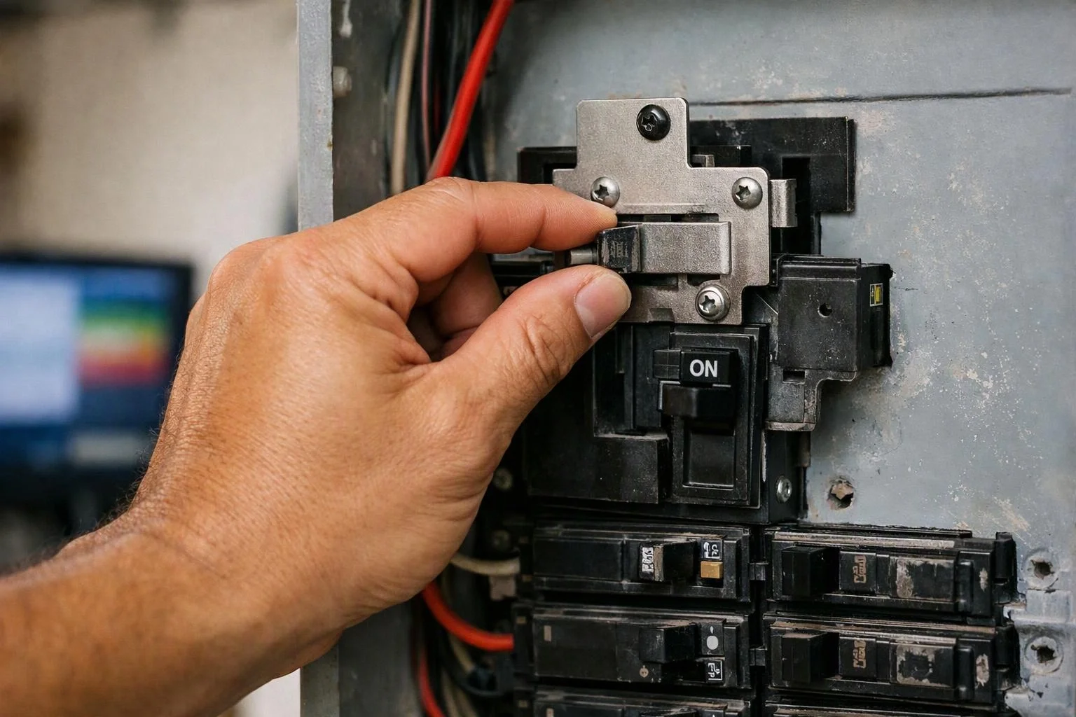 A hand flips a breaker switch inside an electrical panel with several other circuit breakers visible