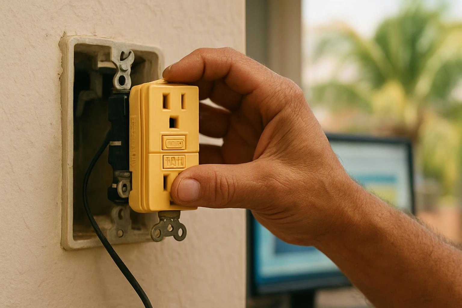 A hand installs a yellow electrical outlet into a wall box beside exposed wiring and a blurred outdoor background