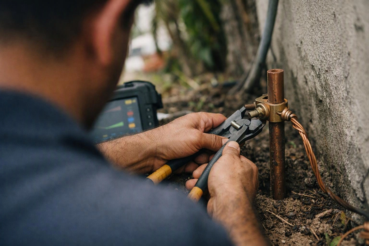 A worker tightens a copper ground clamp with pliers beside a wall, near a handheld meter