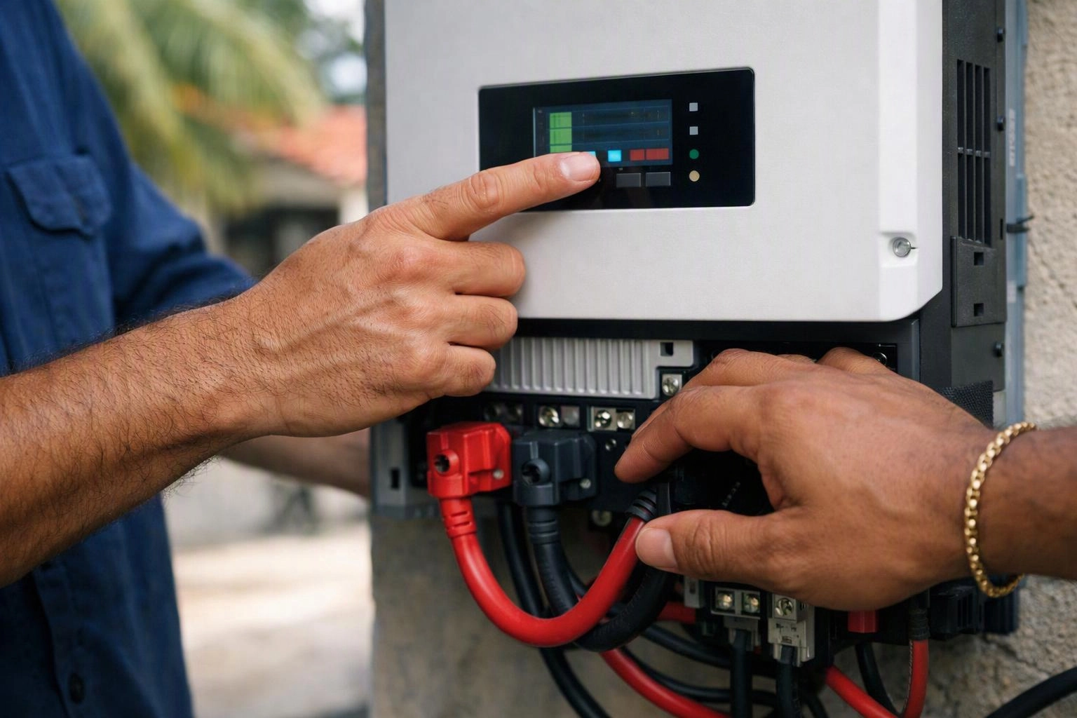 Two hands adjust a wall-mounted electrical device with connected red and black cables outdoors