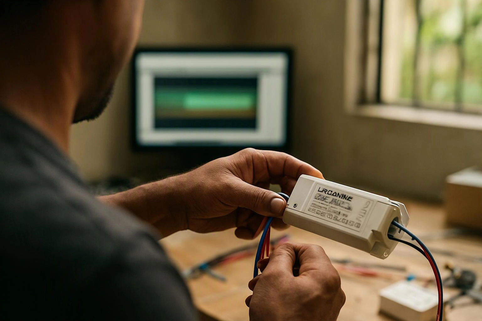 A person wires a small white electronic device at a desk, with a blurred monitor and window behind them