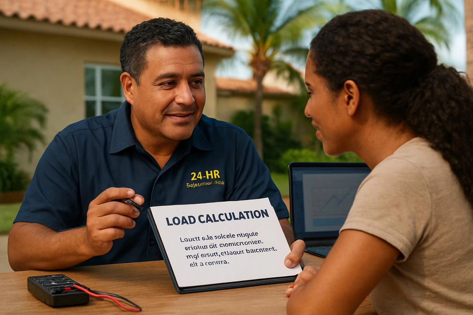 Two people talk at a table outdoors while a man shows a clipboard labeled “LOAD CALCULATION”