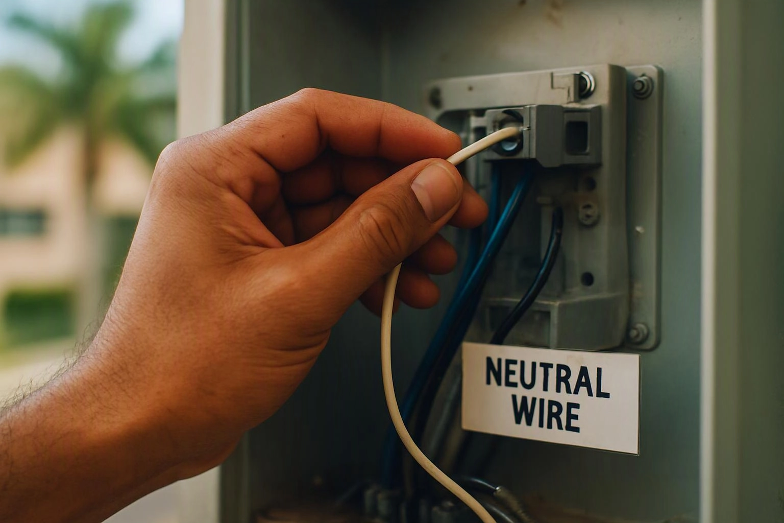 A hand plugs a white wire into an electrical box labeled neutral wire