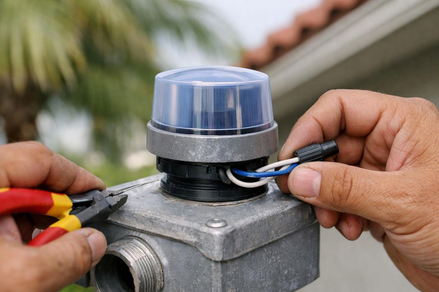 Hands wire a small outdoor warning light on a metal junction box near a roof and palm tree