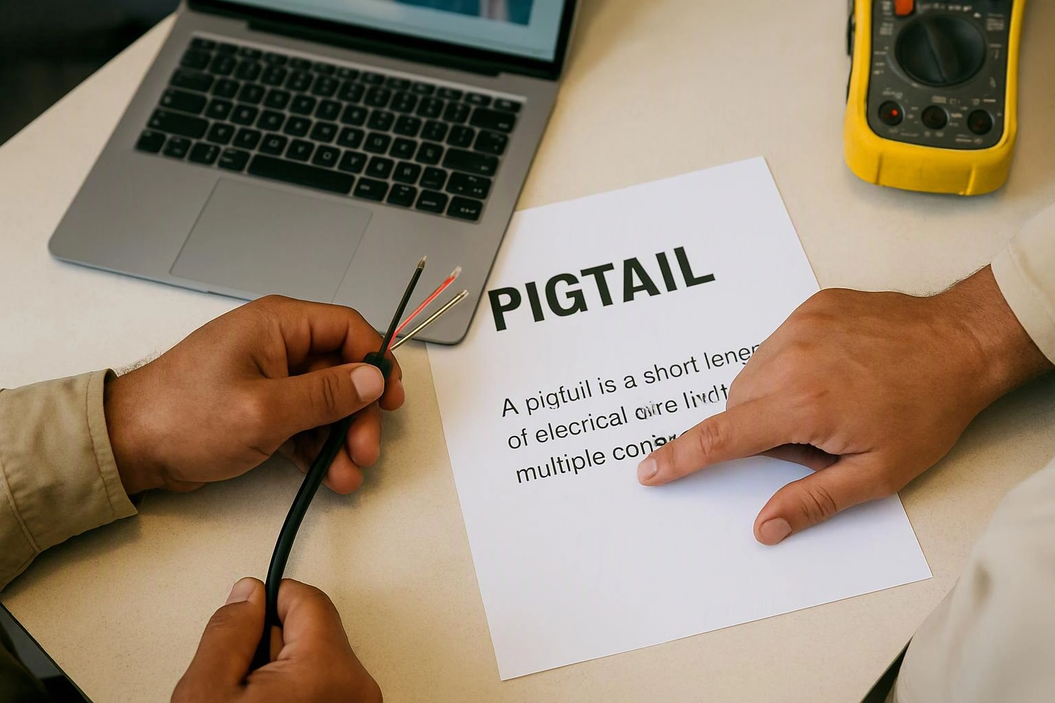 Hands hold exposed wire ends over a paper labeled “PIGTAIL” beside a laptop and multimeter on a desk