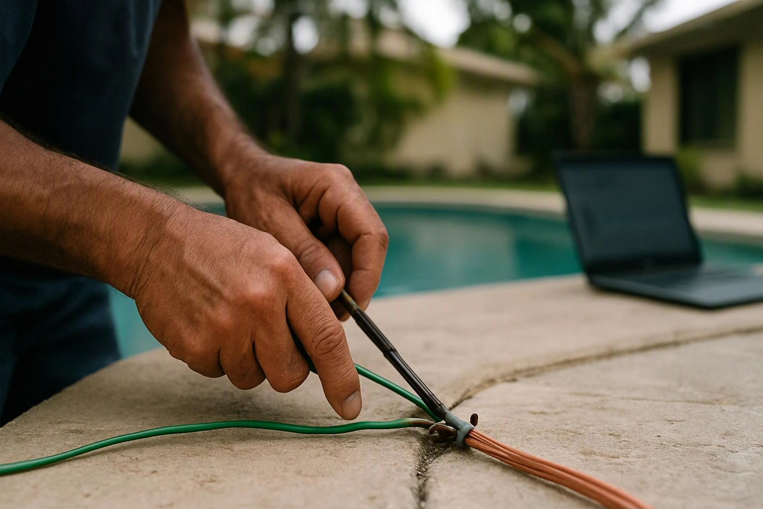 A person works with exposed wires beside a pool, using a tool near an open laptop outdoors