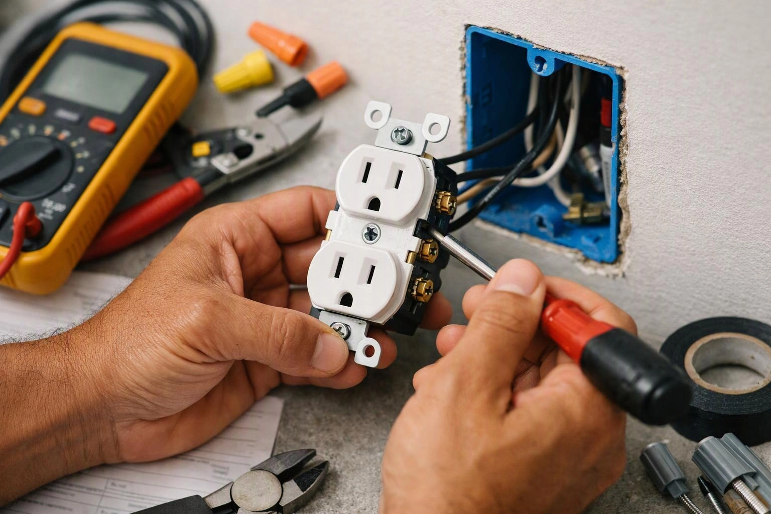 Hands install a white duplex outlet into a blue wall box with tools and wires nearby