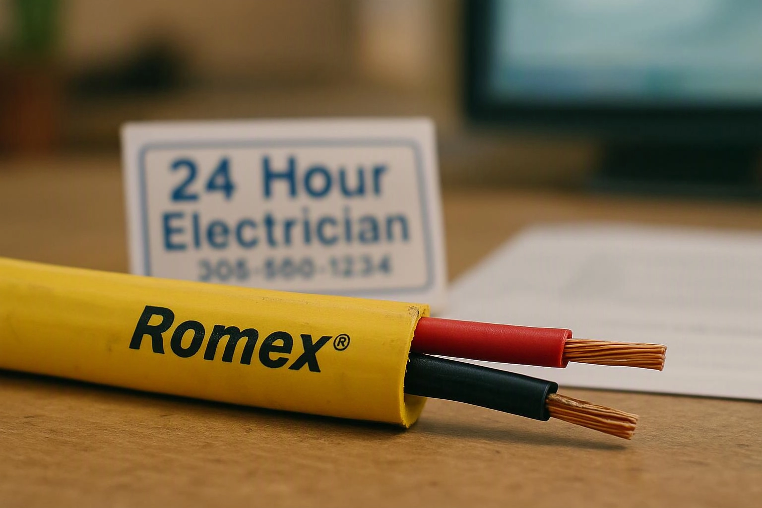 Close-up of a yellow Romex electrical cable with exposed red and black wires beside a blurred electrician sign