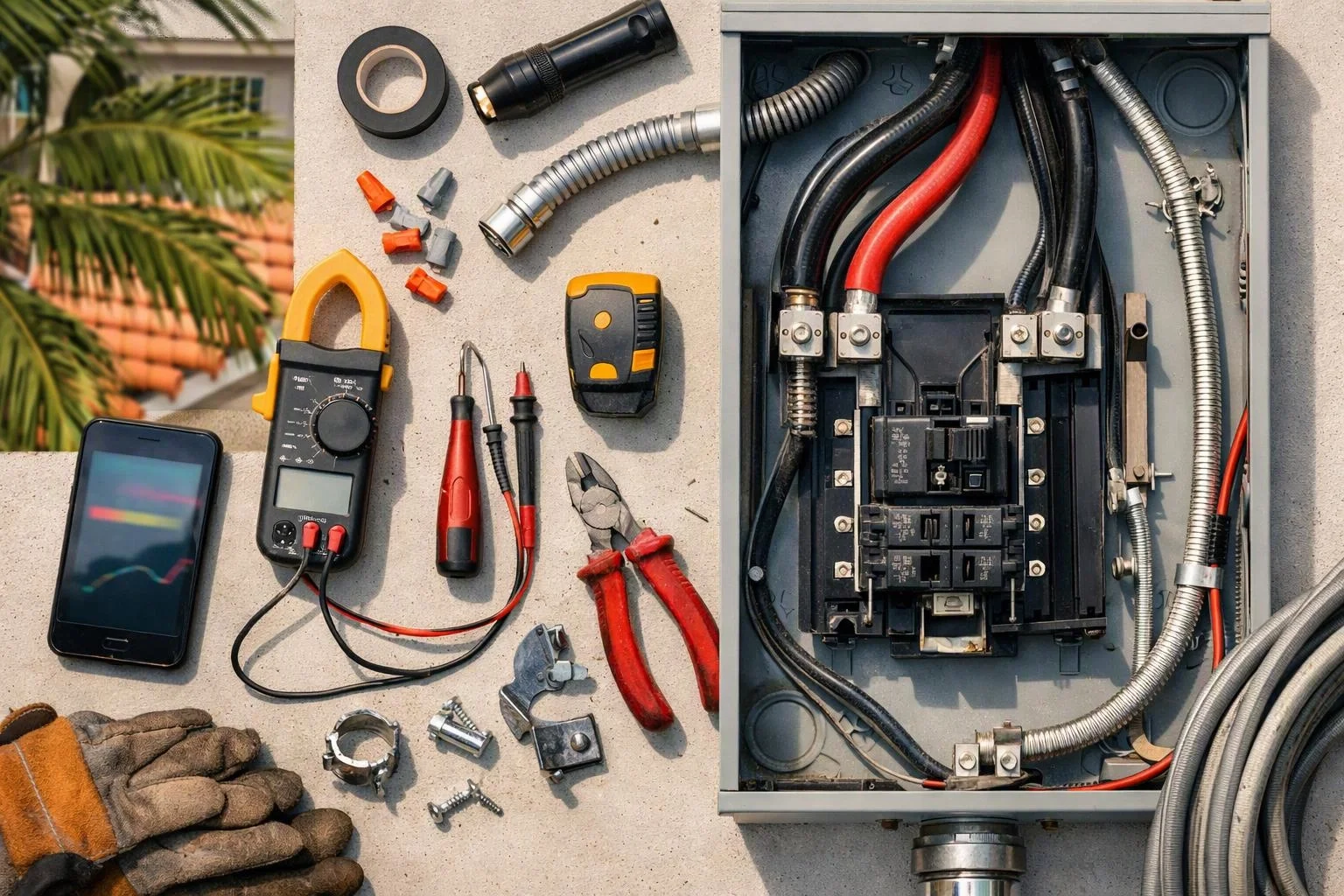 A smartphone, electrical tools, and loose parts sit beside an open breaker panel with thick cables and conduit