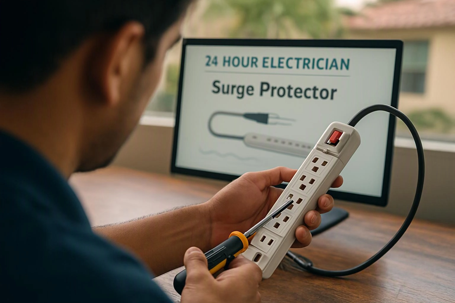 A person tests a white surge protector with a screwdriver beside a screen reading “24 HOUR ELECTRICIAN” and “Surge Protector”