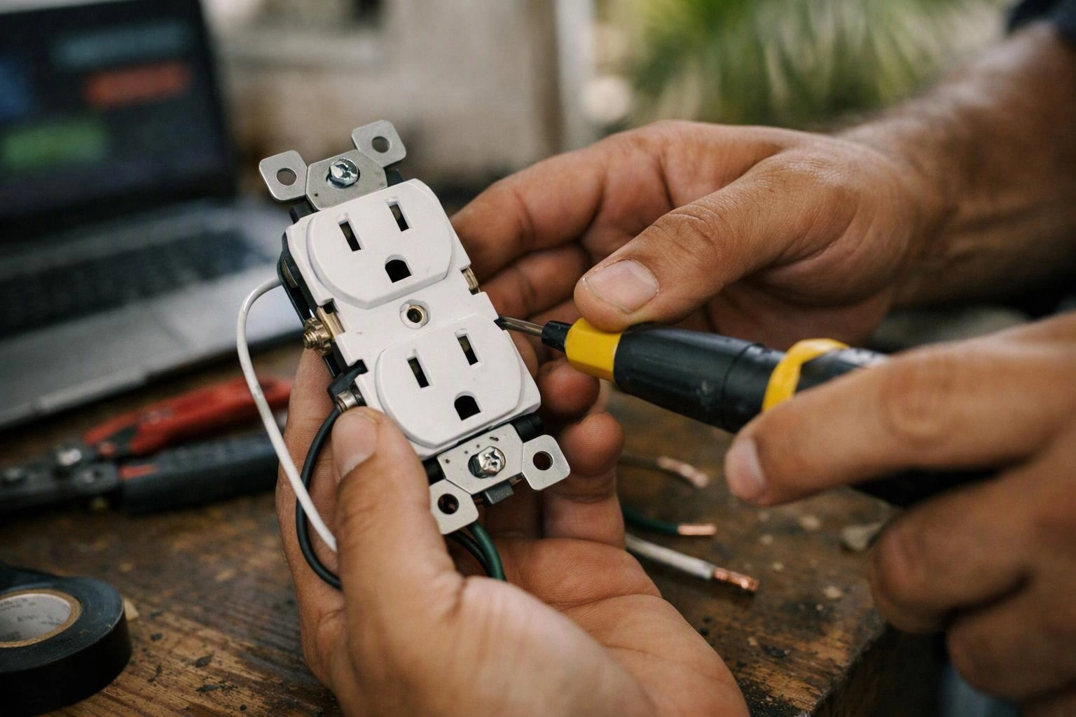 Hands wire a white electrical outlet with a screwdriver on a workbench