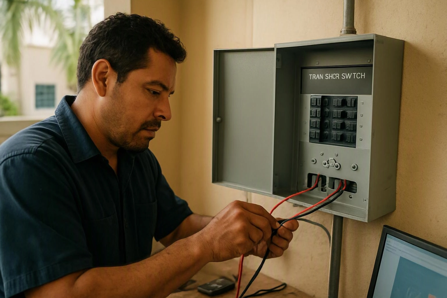 A man in a dark shirt works on an open electrical breaker box with red and black wires outdoors