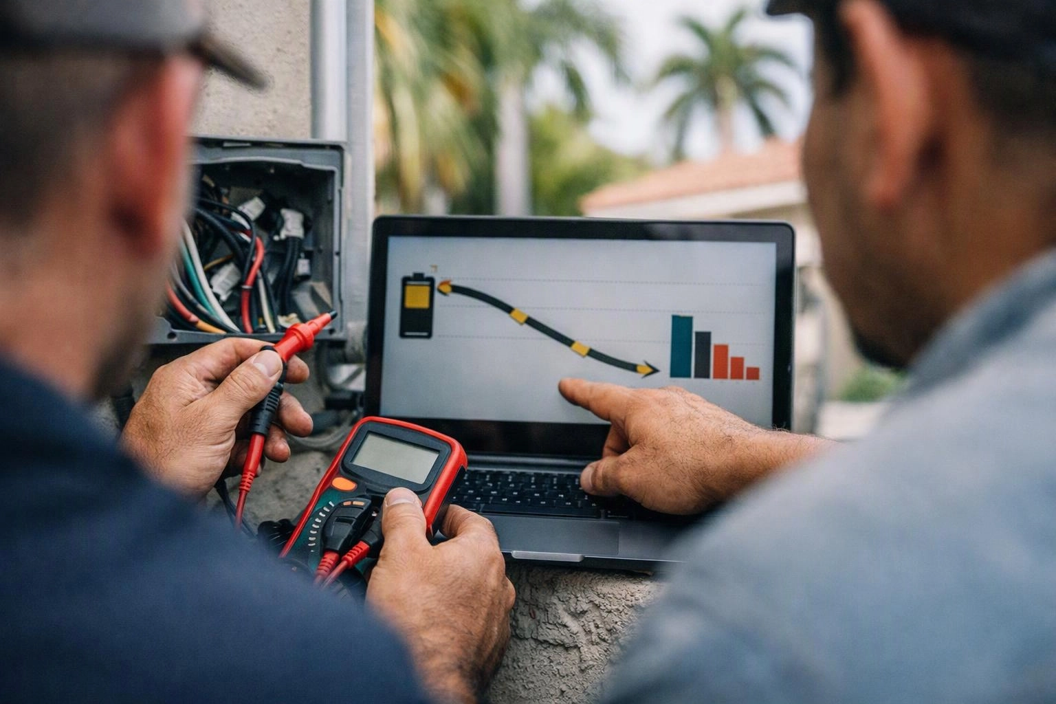 Two technicians inspect wiring with a laptop and multimeter beside an open electrical box outdoors