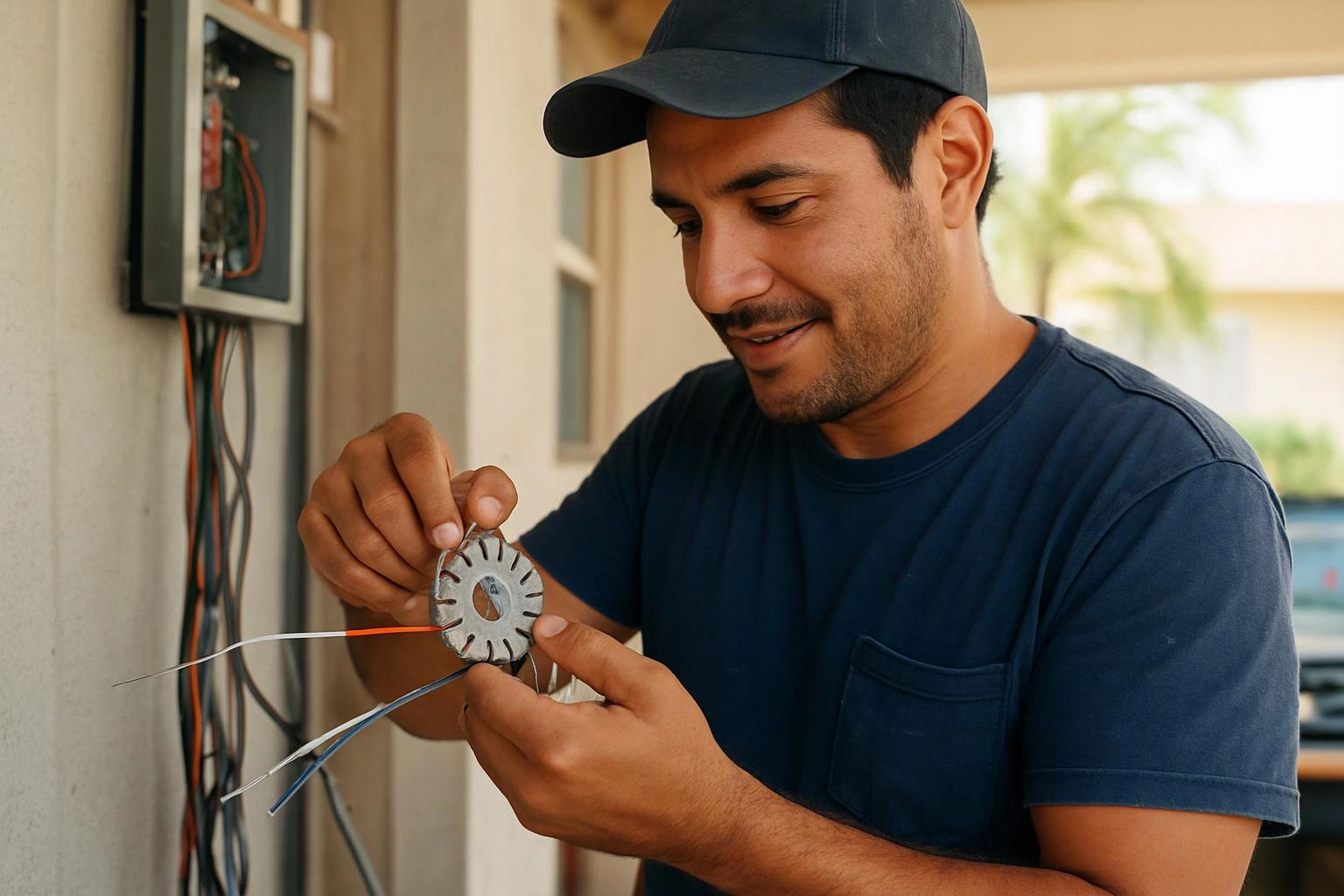 A man in a cap wires a small device beside an open electrical box outdoors