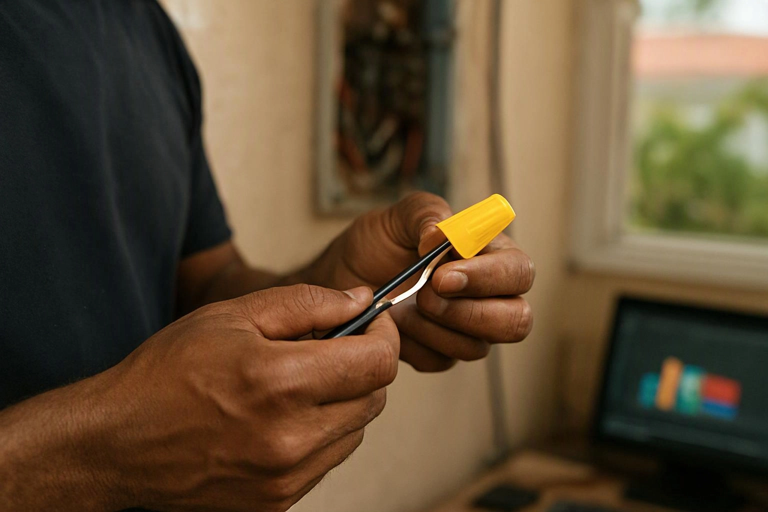 A person twists a yellow wire connector onto black electrical wires near a window indoors