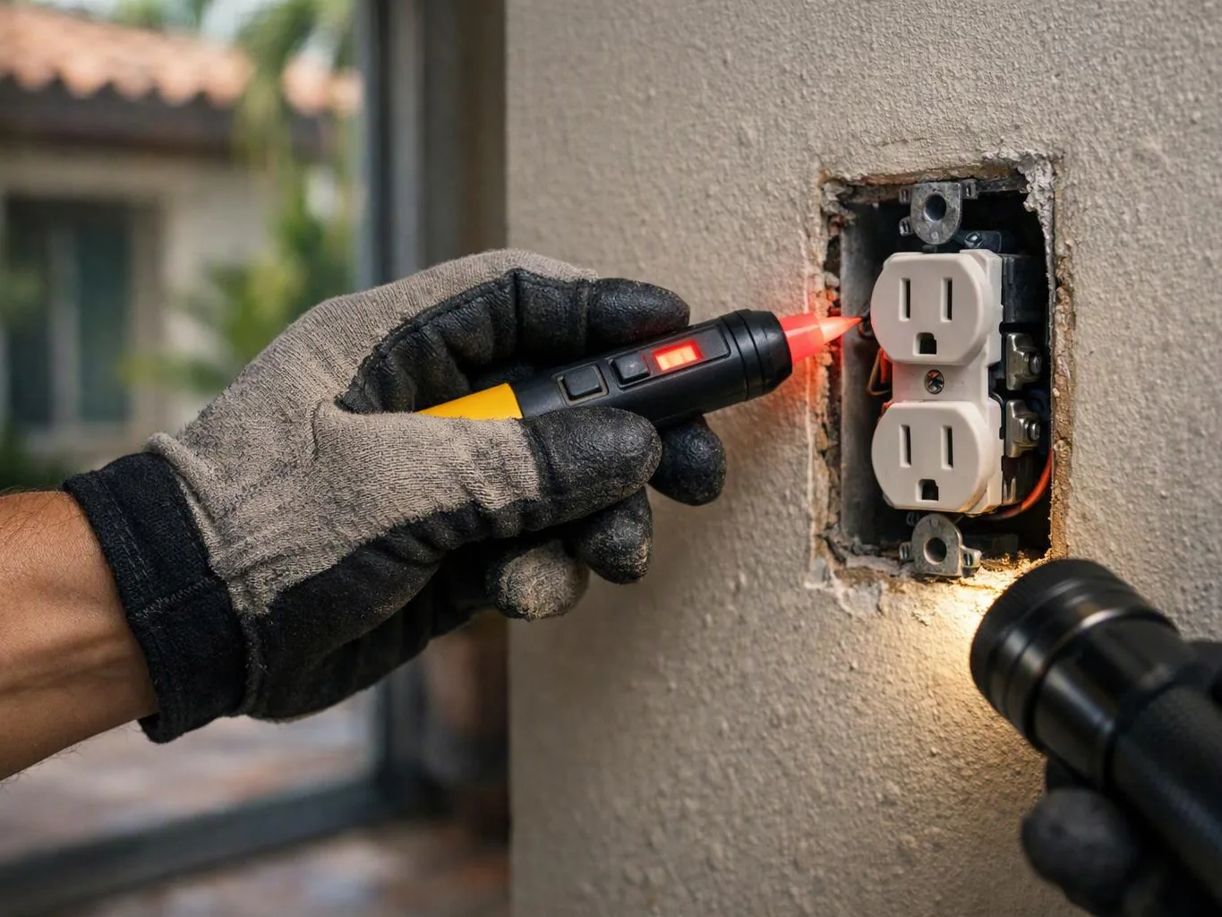 A gloved hand checks a wall outlet with a pen tester while a flashlight lights the open electrical box