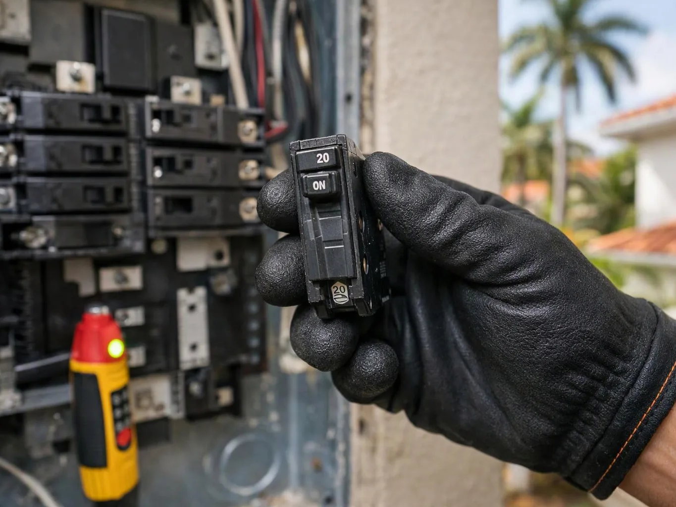 A gloved hand holds a 20-amp circuit breaker beside an open electrical panel outdoors