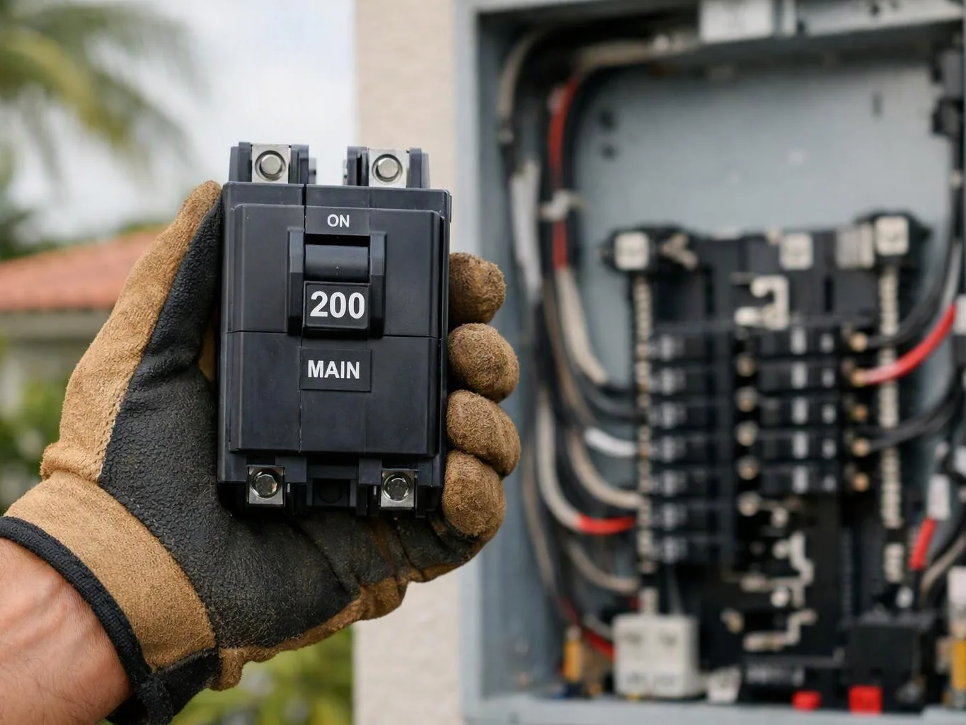 A gloved hand holds a 200-amp main breaker in front of an open electrical panel