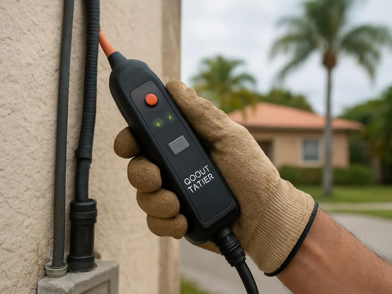 A gloved hand holds a black cable tester against an outdoor wall with palm trees behind it