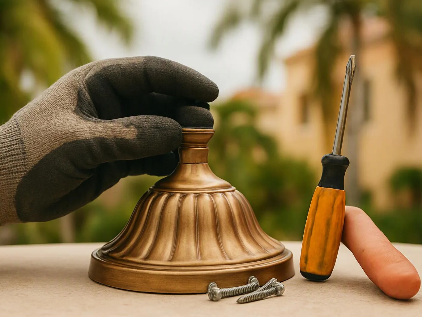 A gloved hand holds a brass bell beside a screwdriver and loose screws outdoors