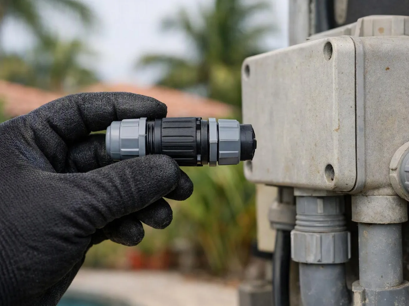 A gloved hand holds a cable connector beside a weathered electrical box outdoors