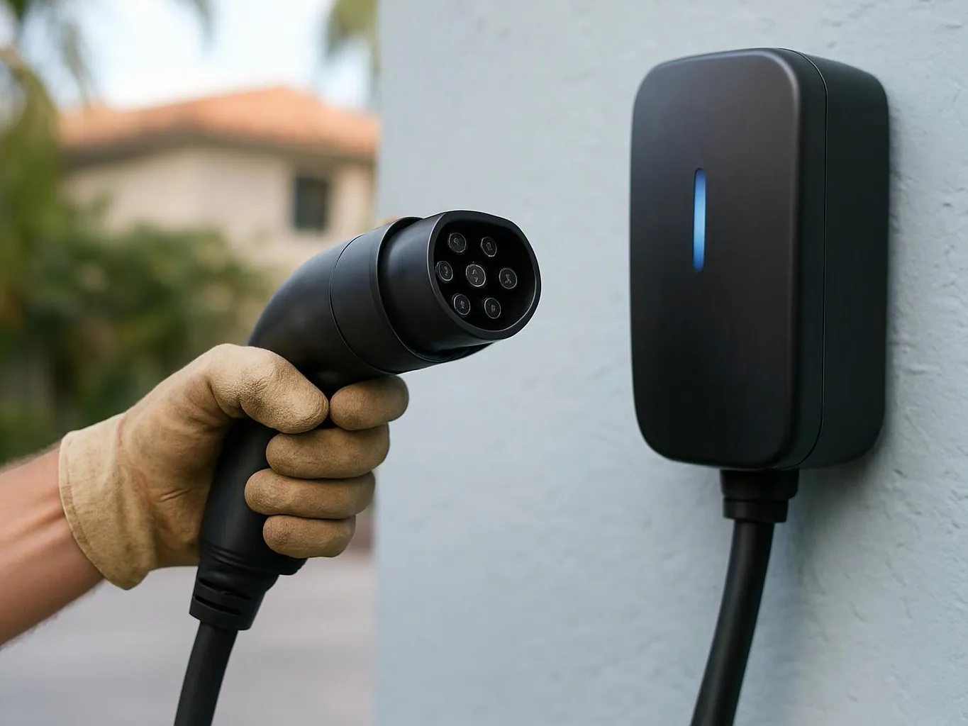 A gloved hand holds an electric vehicle charging plug near a wall-mounted charger outside