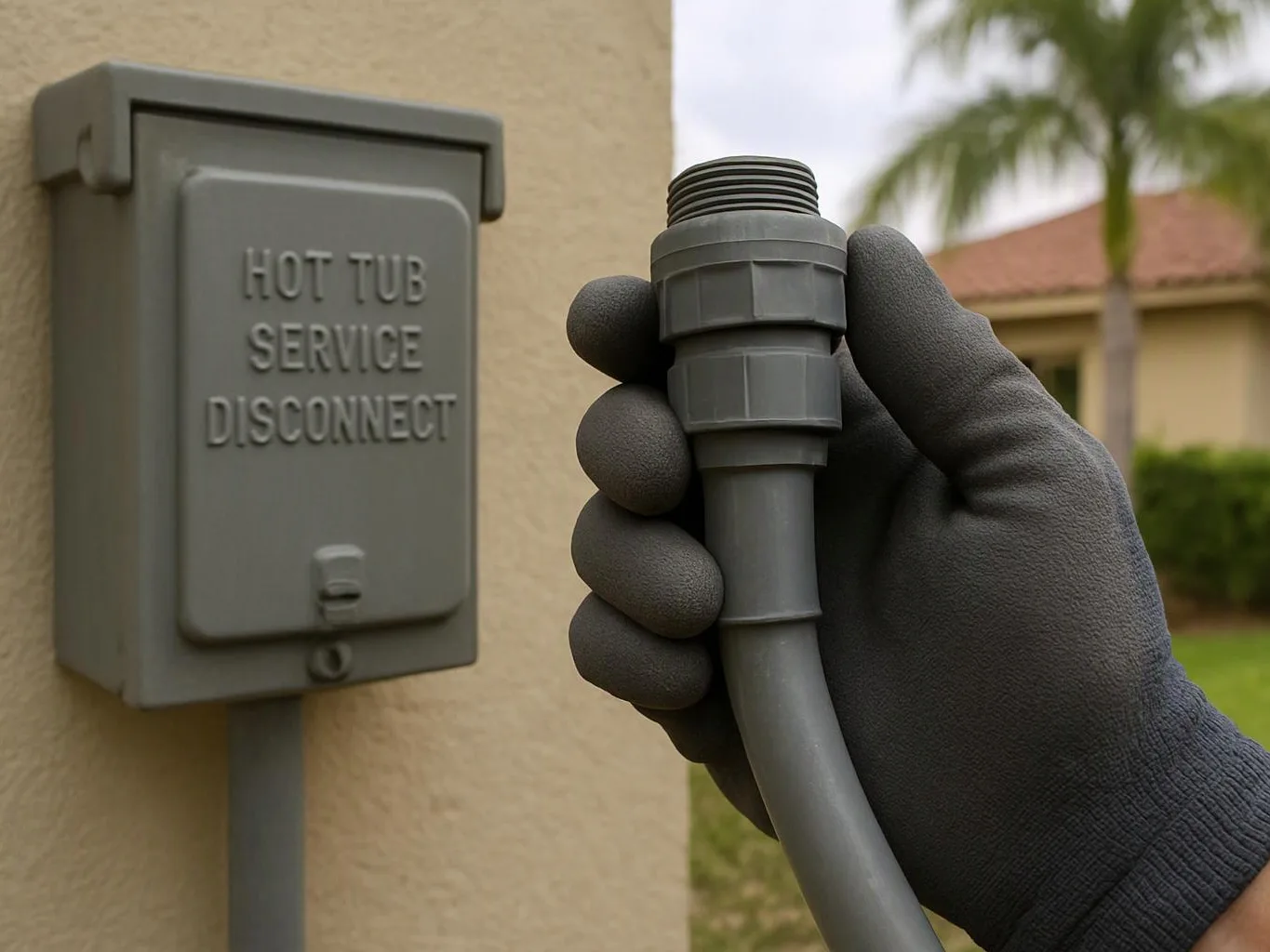 A gloved hand holds a gray cable connector beside a wall box labeled hot tub service disconnect
