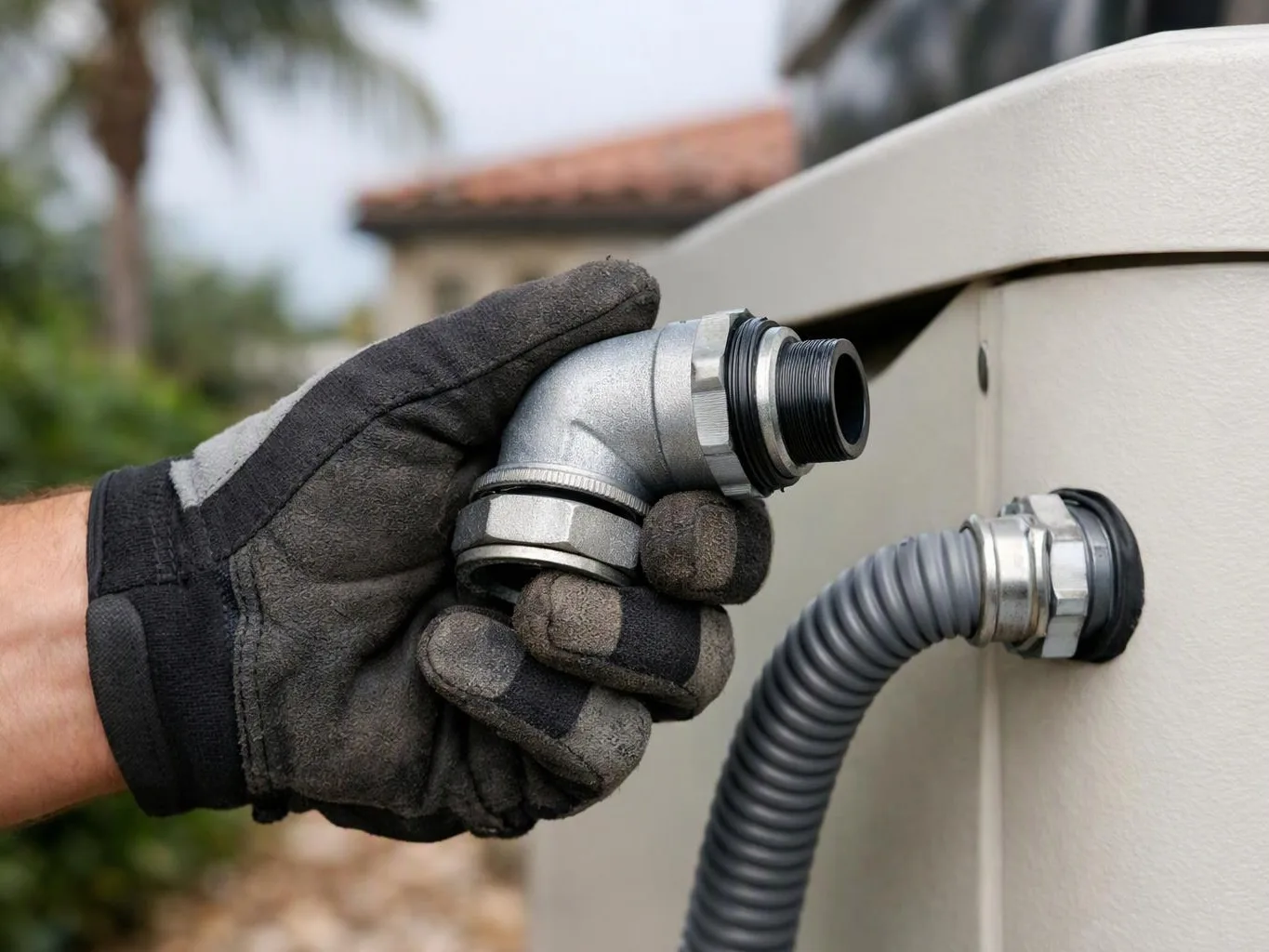 A gloved hand holds a metal elbow fitting beside a gray conduit on an outdoor utility box