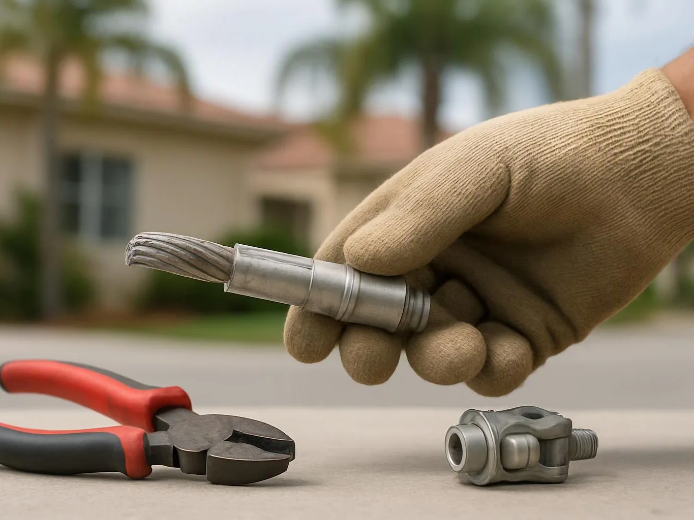 A gloved hand holds a metal shaft beside pliers and a small mechanical part outdoors