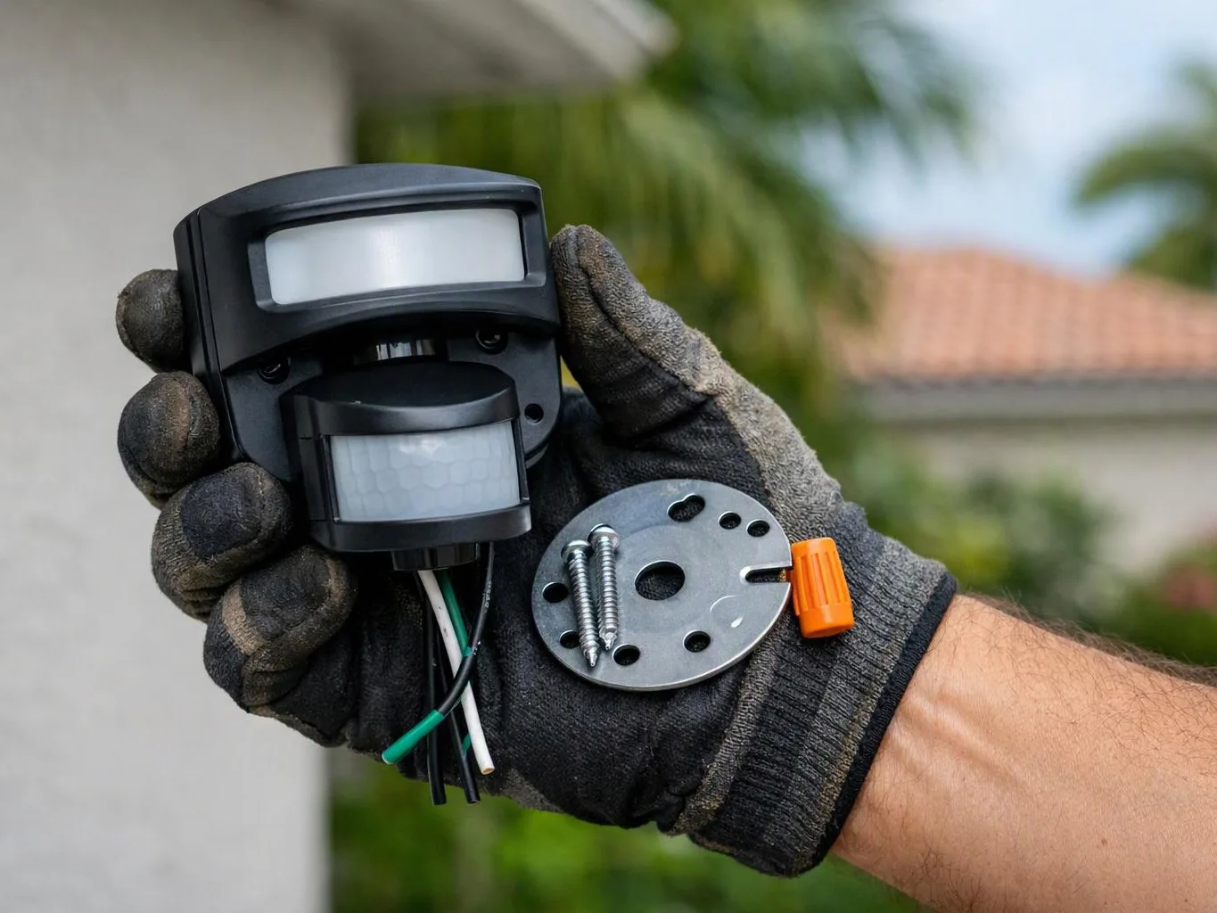 A gloved hand holds a motion sensor light, mounting plate, screws, and exposed wires outdoors