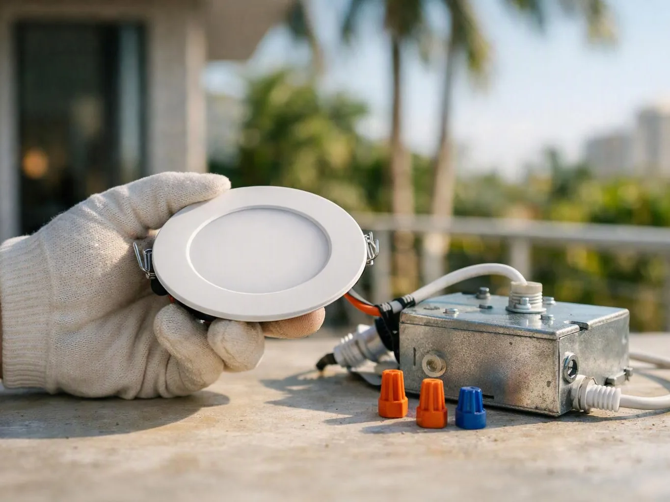 A gloved hand holds a round white LED light beside a metal electrical box and wire connectors outdoors