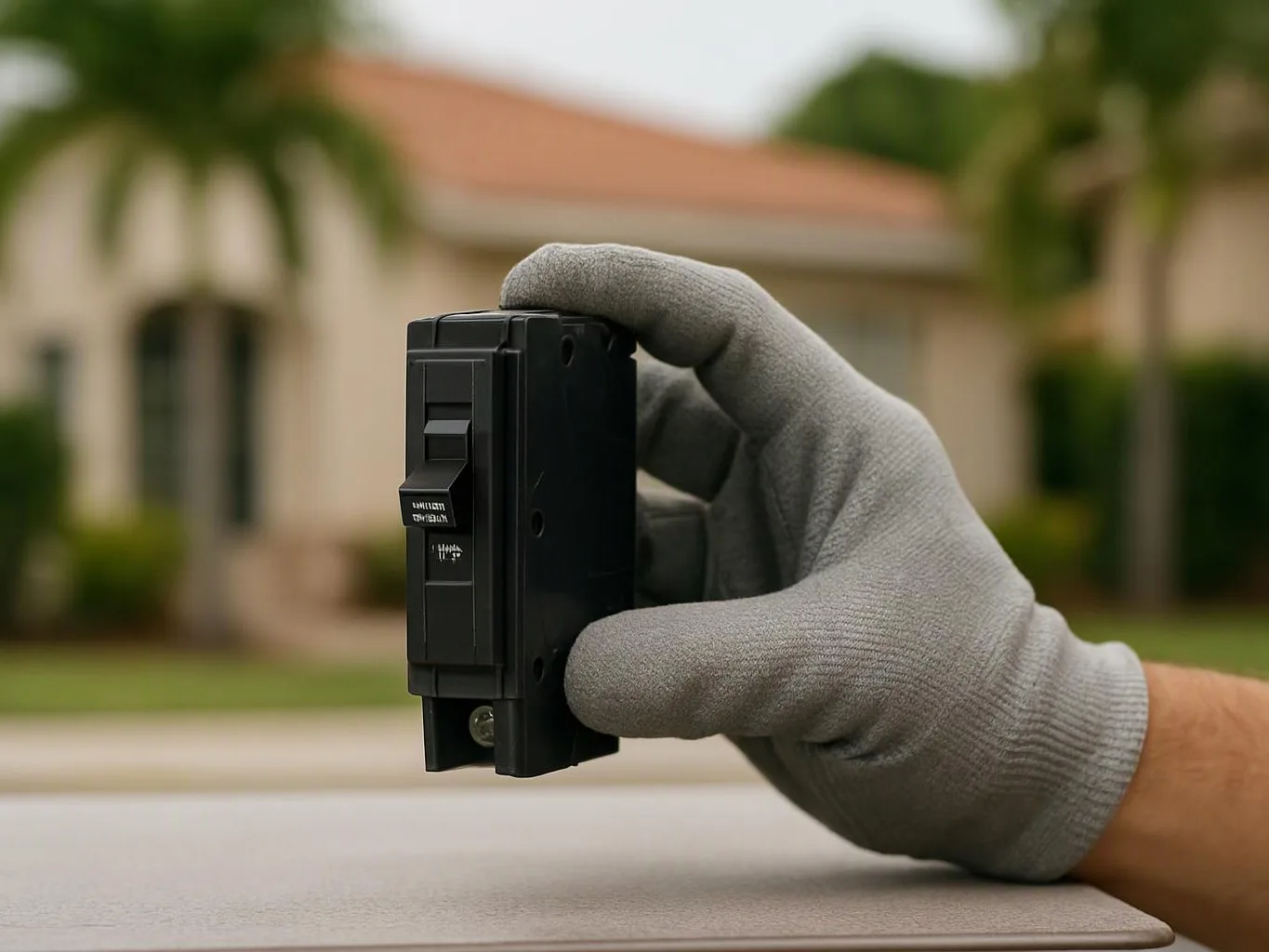 A gloved hand holds a small black electronic device in front of a blurred suburban house