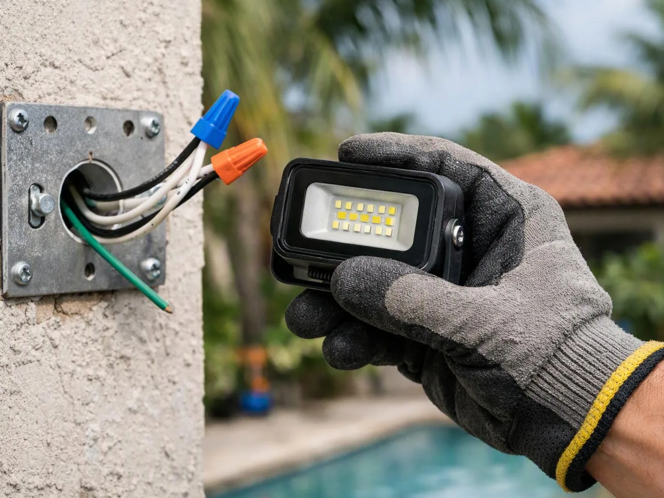 A gloved hand holds a small LED light beside exposed wires on a concrete wall outdoors