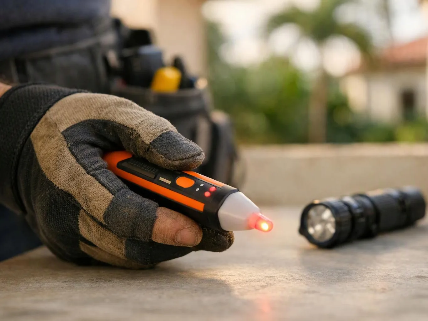 A gloved hand holds a small orange testing device with a glowing tip beside a flashlight on concrete