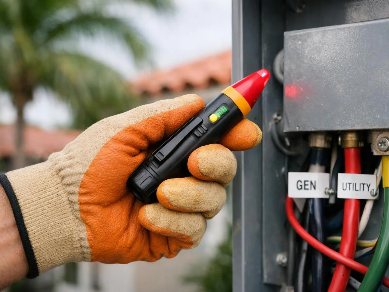A gloved hand holds a voltage tester near labeled wires inside an open electrical box