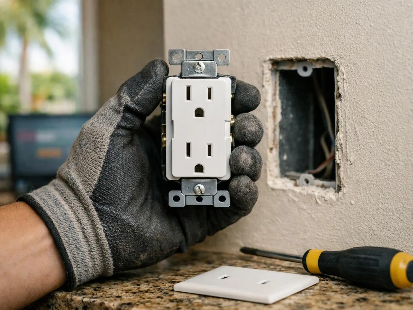 A gloved hand holds a wall outlet beside an open electrical box and screwdriver on a countertop