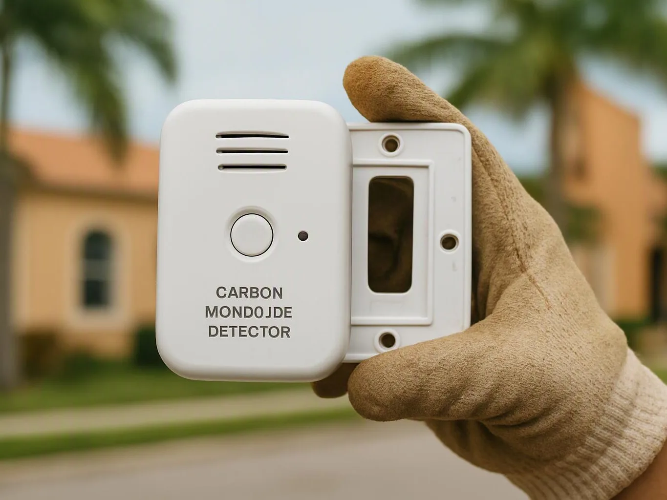 A gloved hand holds a white carbon monoxide detector in front of a blurred house and palm trees