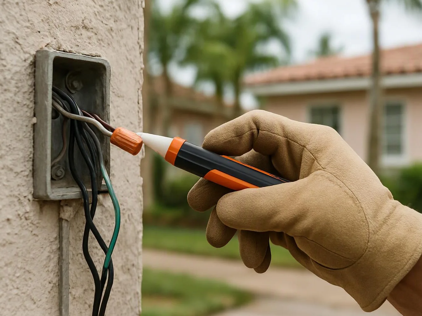 A gloved hand probes exposed electrical wires in a wall box outside a house