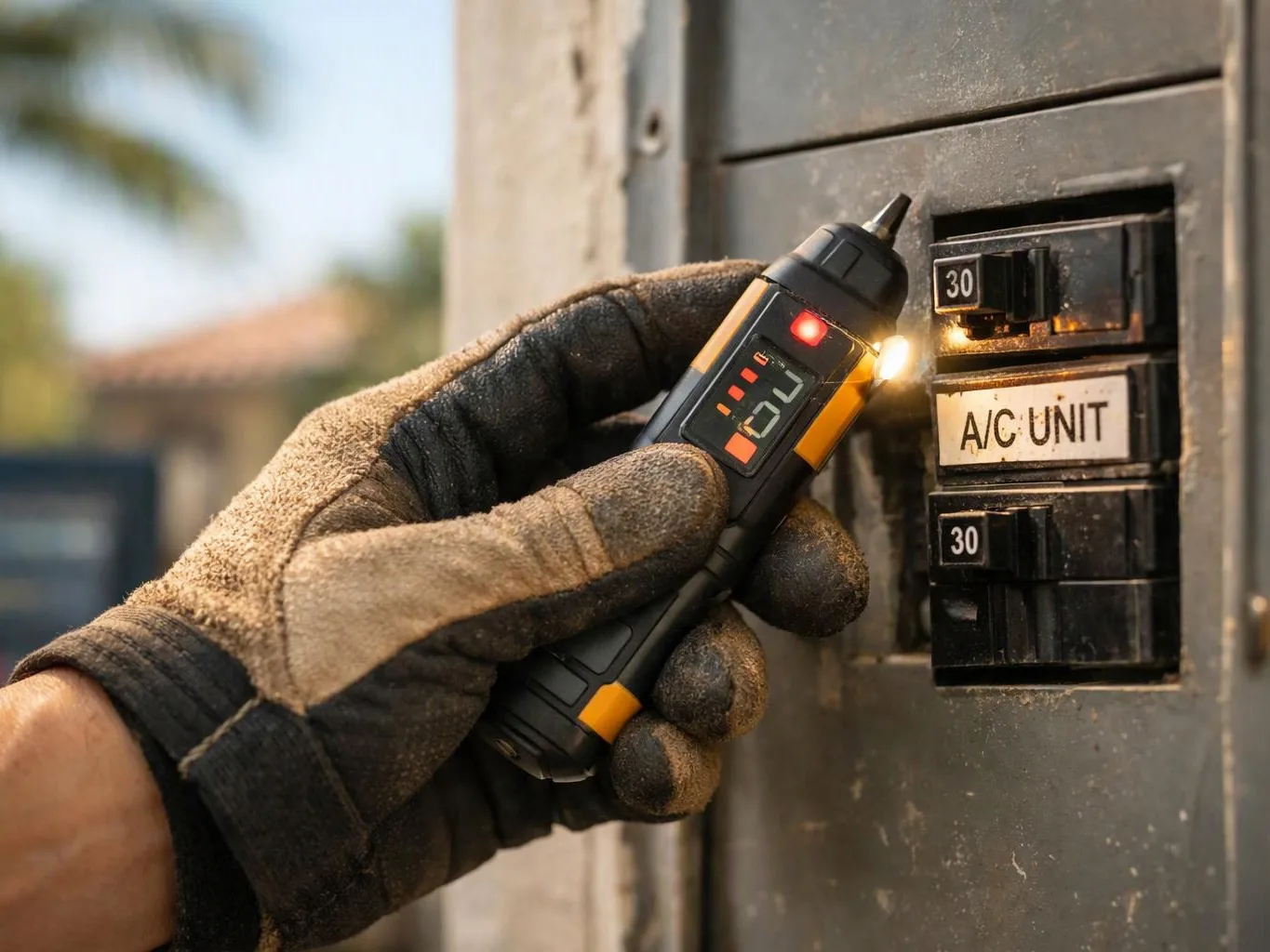 A gloved hand tests an electrical breaker labeled A/C UNIT with a small voltage tester outdoors