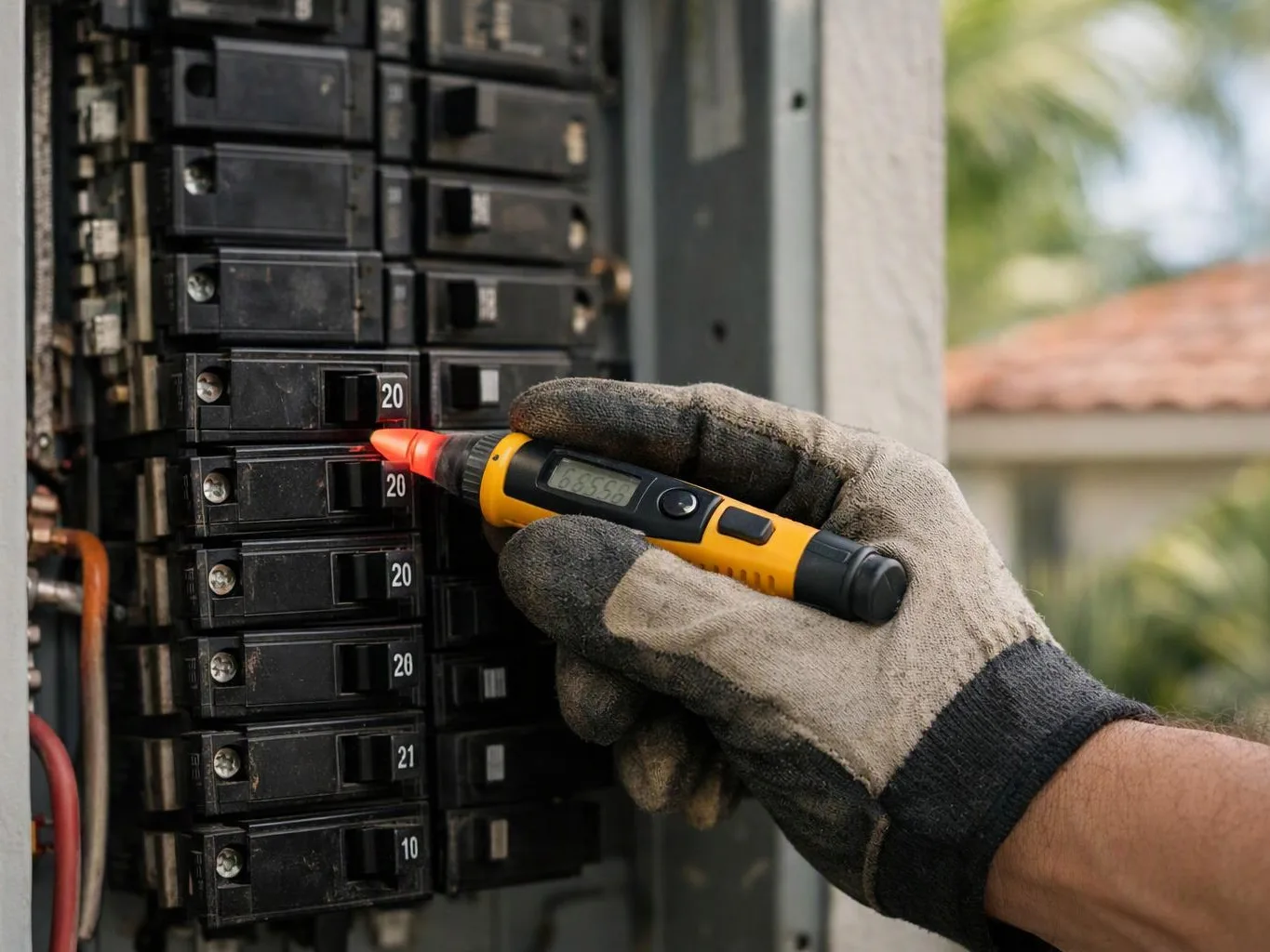 Gloved hands test a circuit breaker panel with a digital voltage tester outdoors