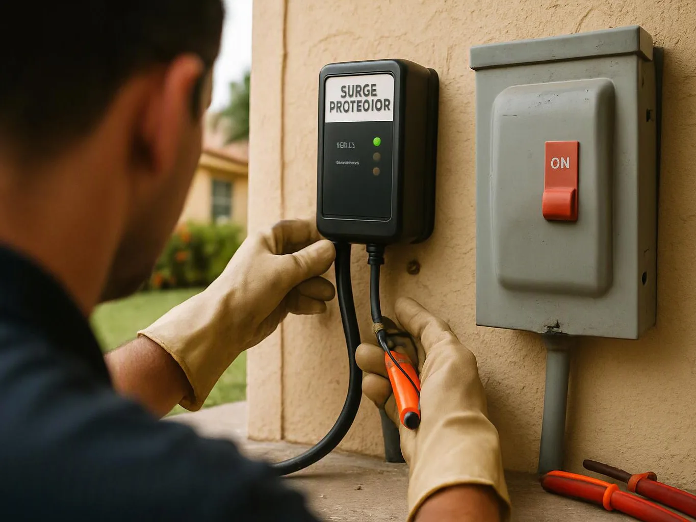 A gloved person works on a surge protector beside a wall switch outside a house