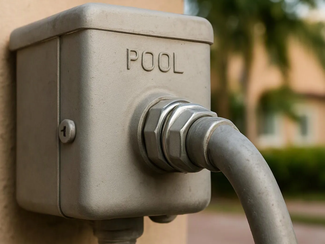 A gray metal electrical box labeled POOL has a thick cable attached outdoors