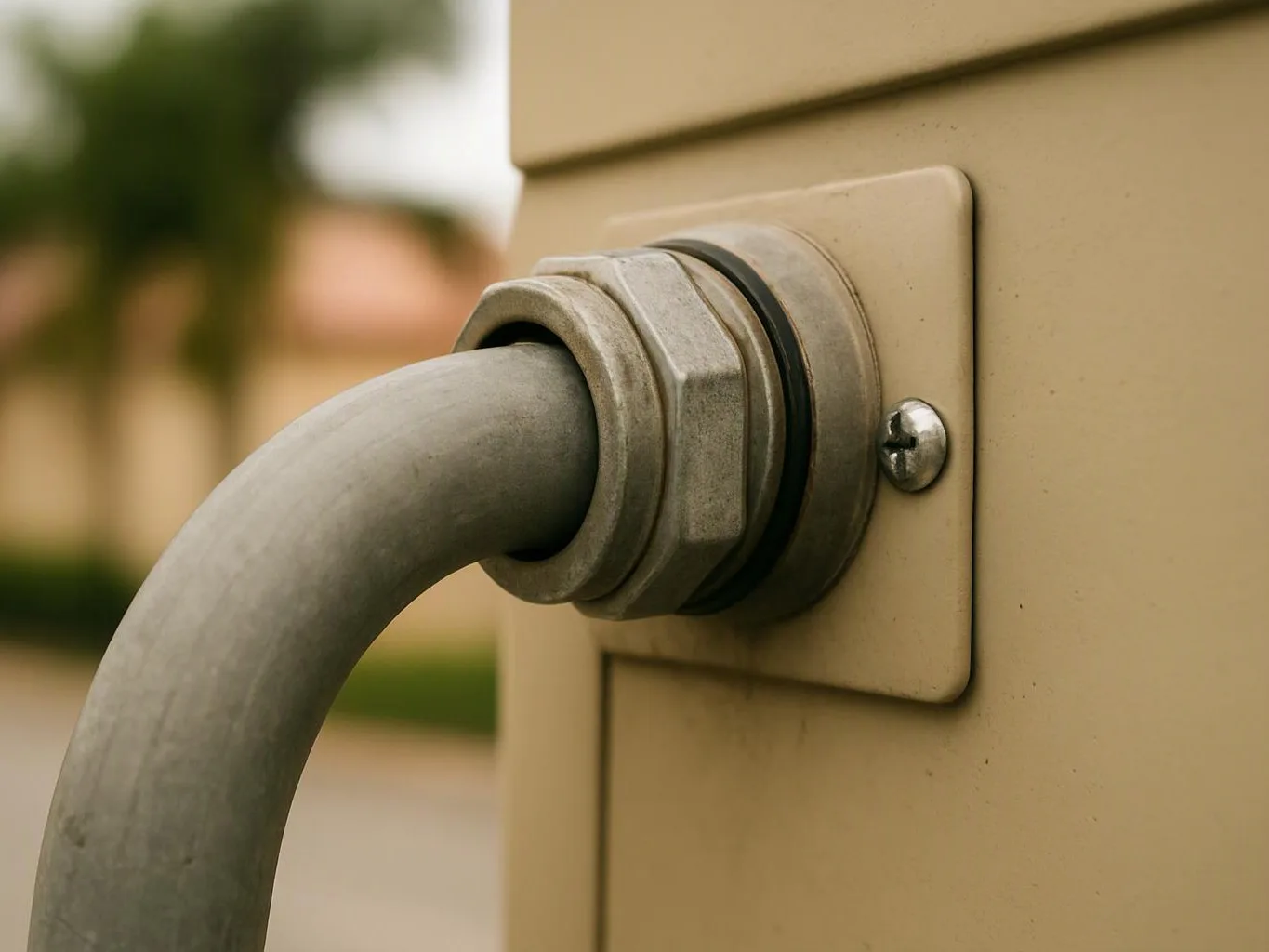 A gray metal pipe enters a beige wall through a bolted fitting outdoors