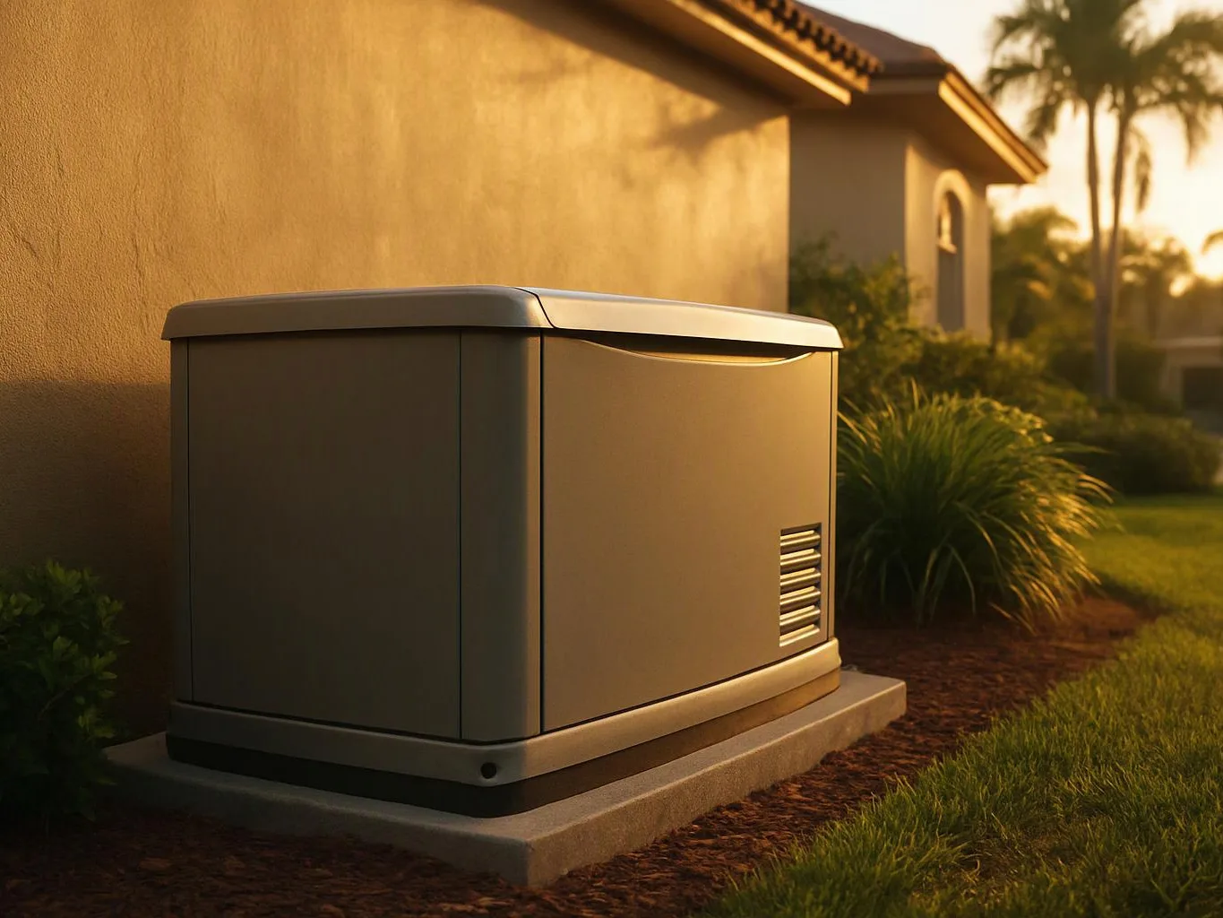 A gray outdoor generator sits beside a stucco house in warm evening light